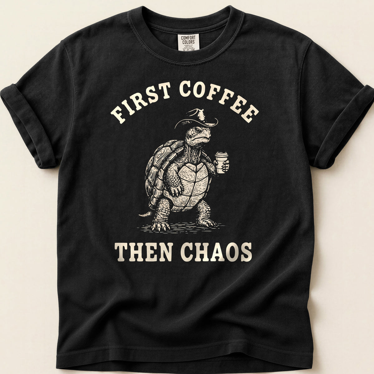 Coffee Chaos Turtle T-shirt on Black