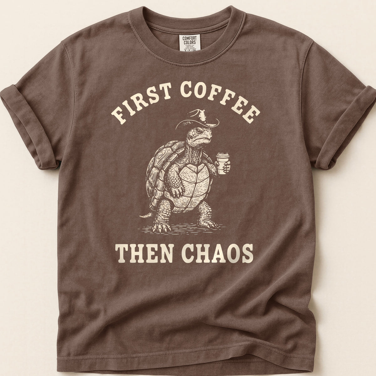 Coffee Chaos Turtle T-shirt on Espresso