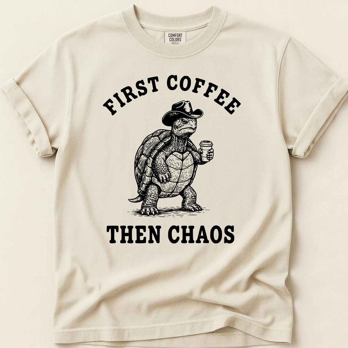 Coffee Chaos Turtle T-shirt on Ivory