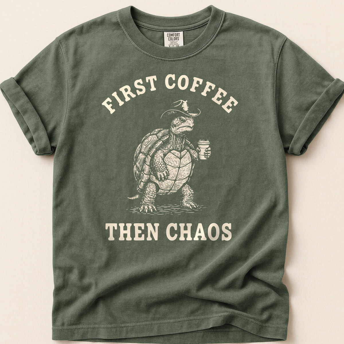 Coffee Chaos Turtle T-shirt on Moss