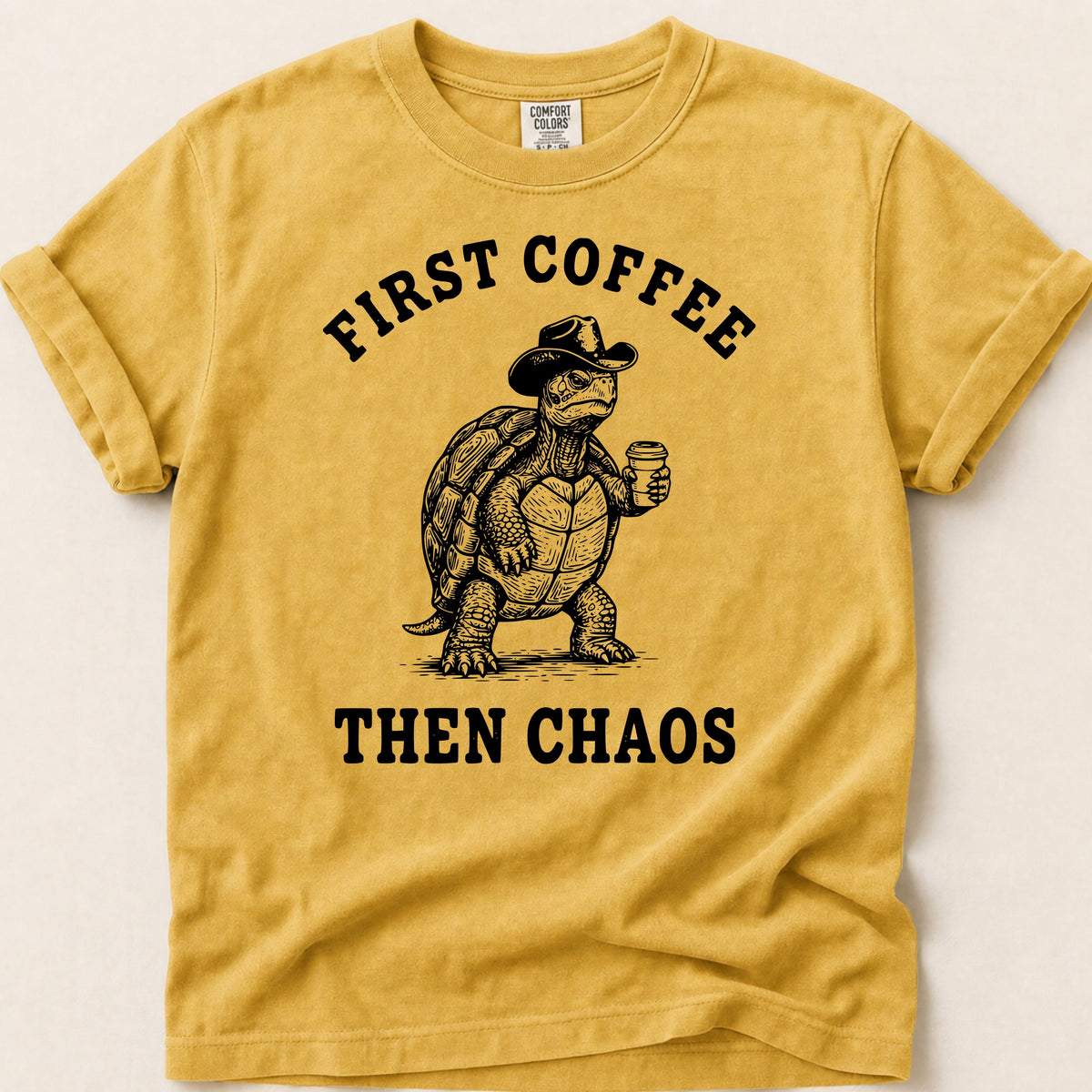 Coffee Chaos Turtle T-shirt on Mustard
