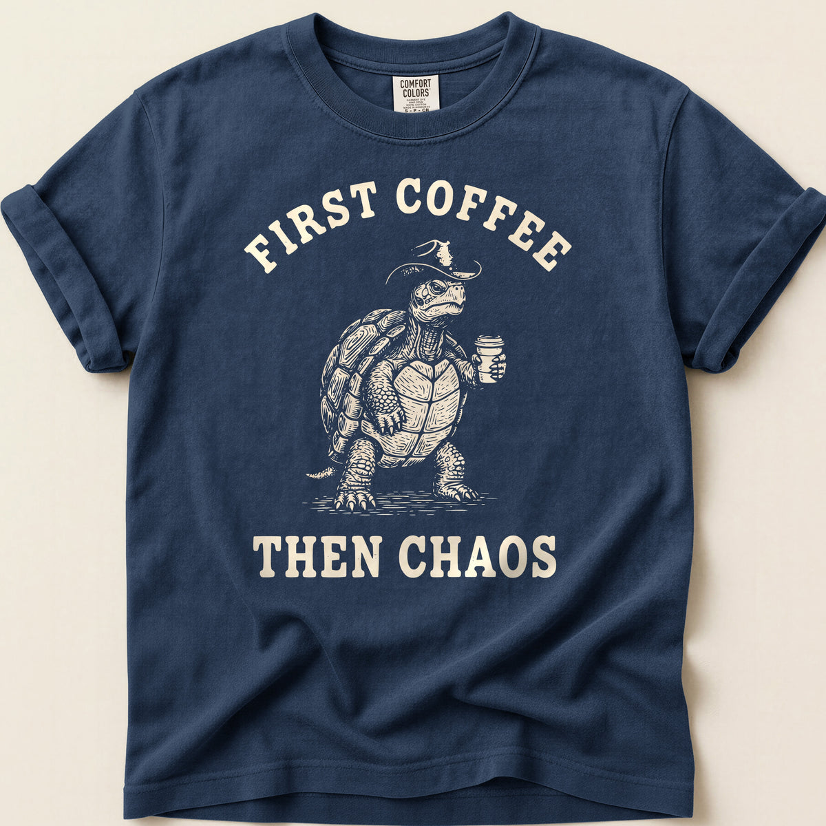 Coffee Chaos Turtle T-shirt on Navy