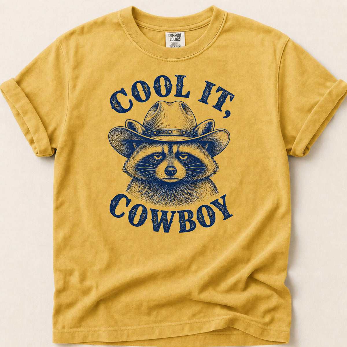 Cool It Raccoon T-shirt on Mustard