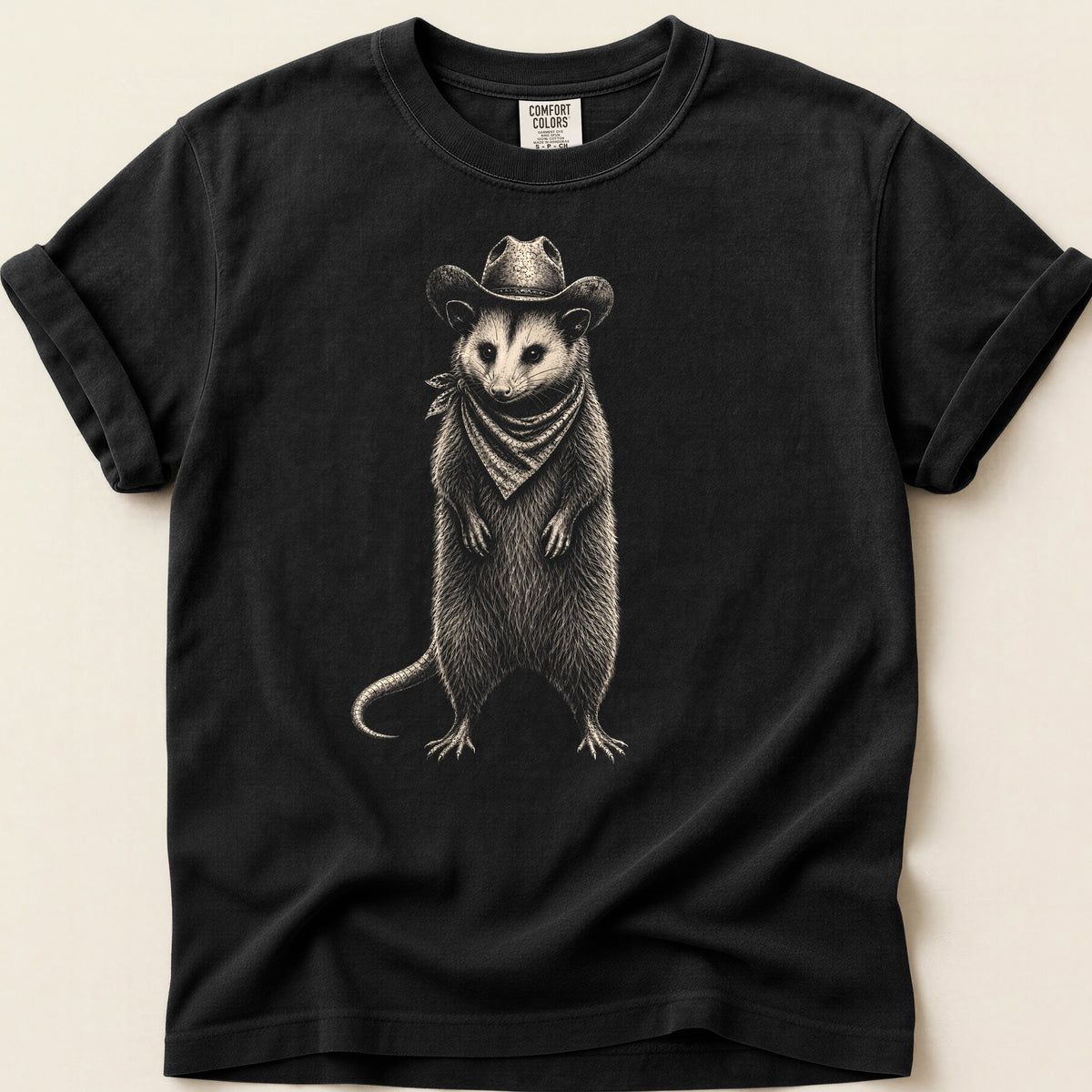 Cowboy Opossum T-shirt on Black