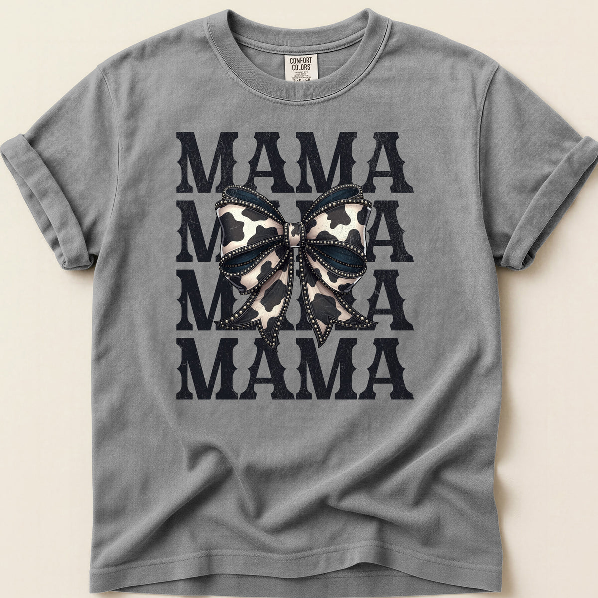 Cowhide Bow Mama T-shirt on Grey