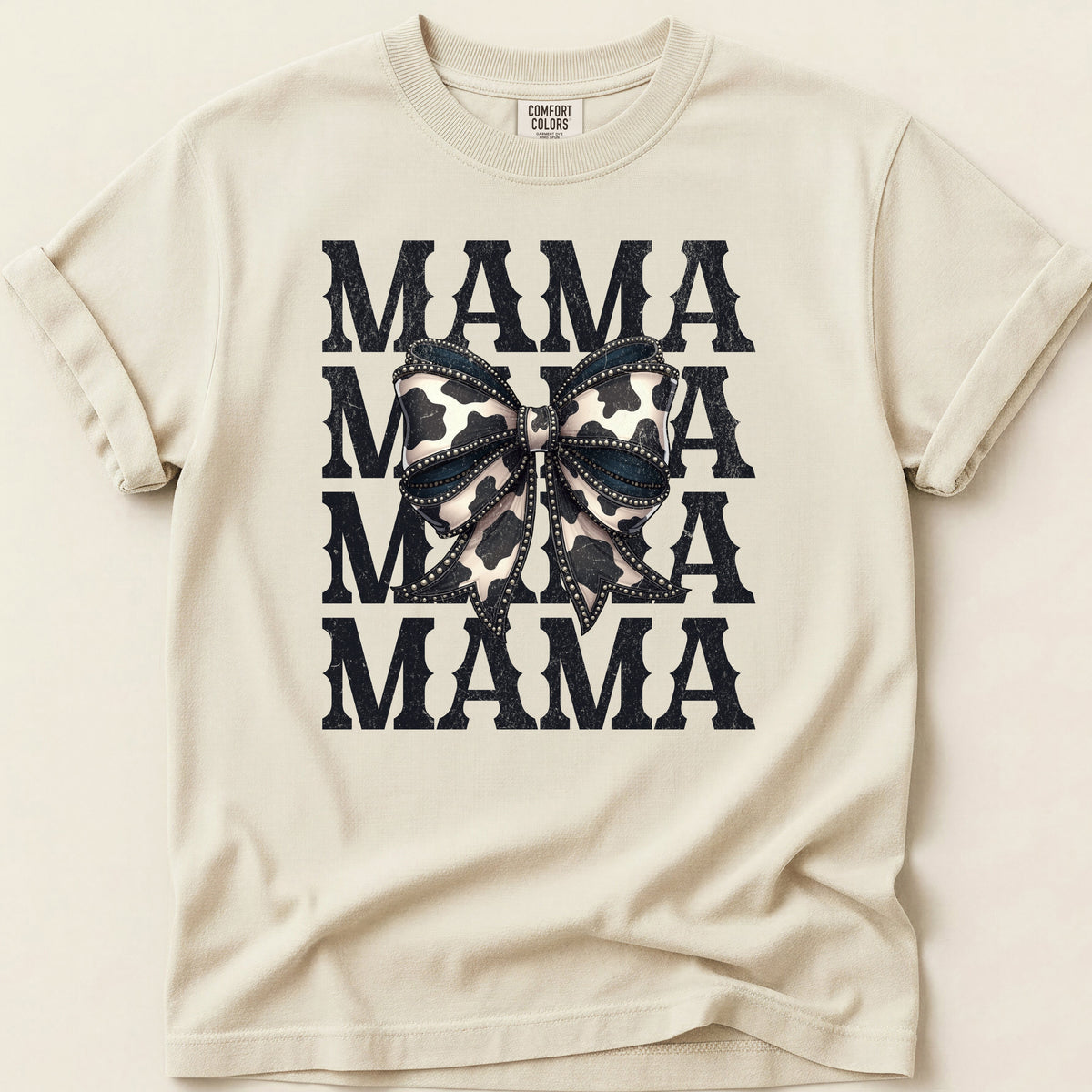 Cowhide Bow Mama T-shirt on Ivory