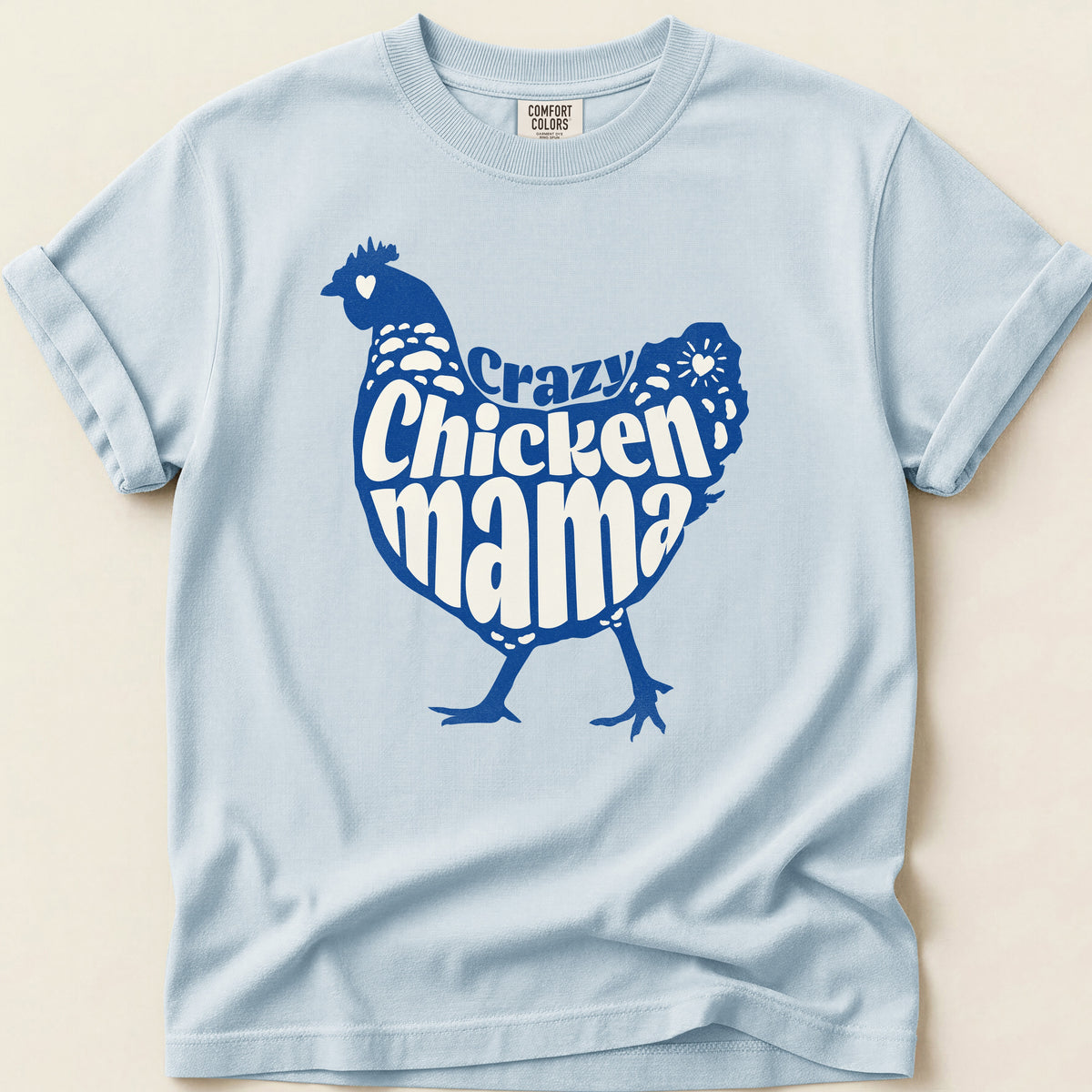 Crazy Chicken Mama T-shirt on Chambray