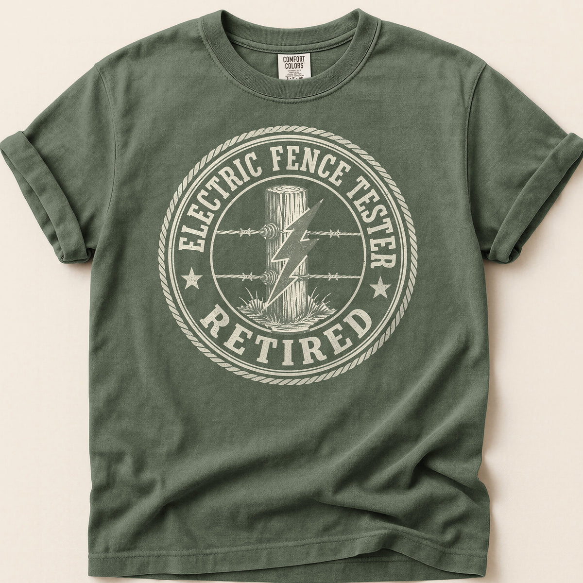 Electric Fence Tester T-shirt on Moss