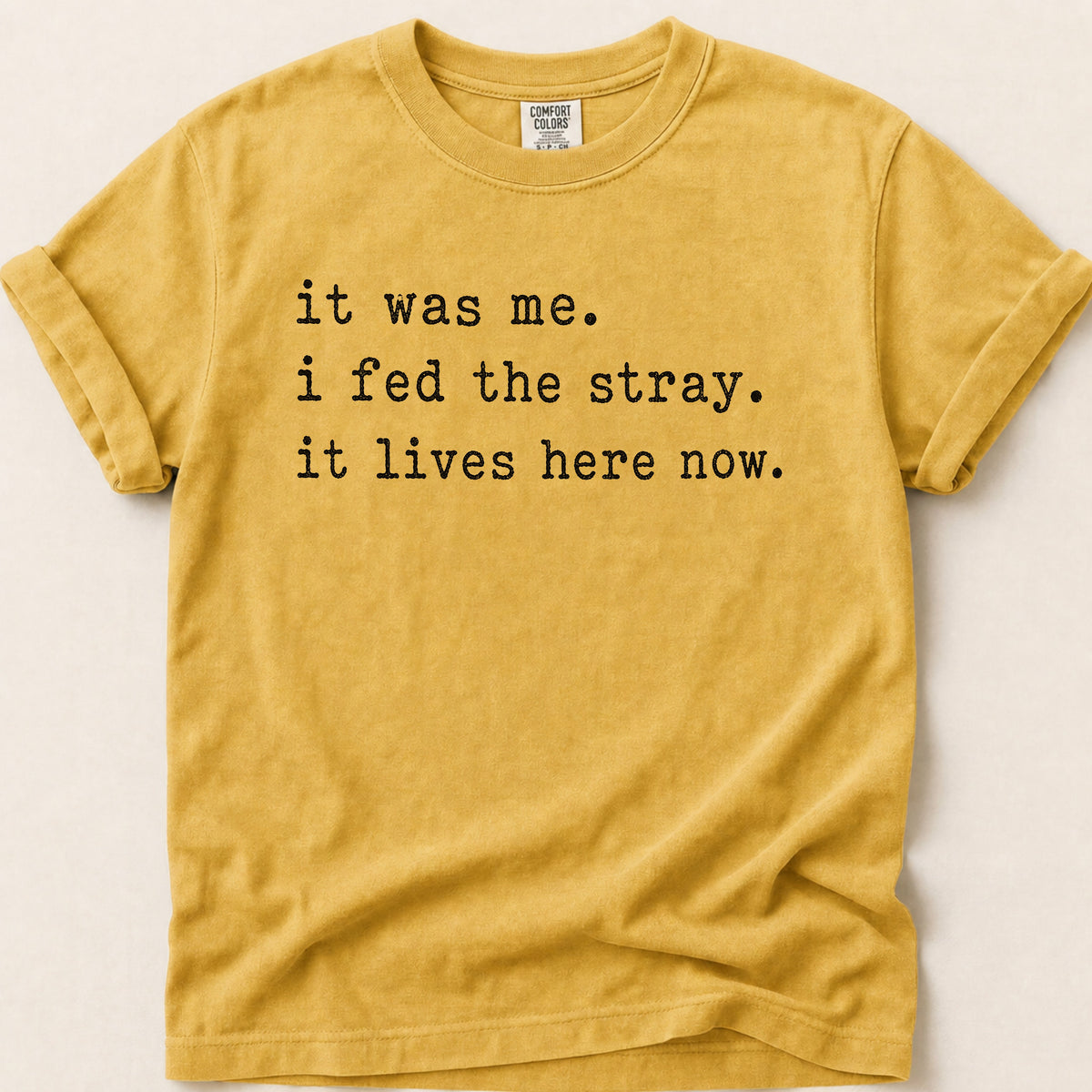Fed The Stray T-shirt on Mustard