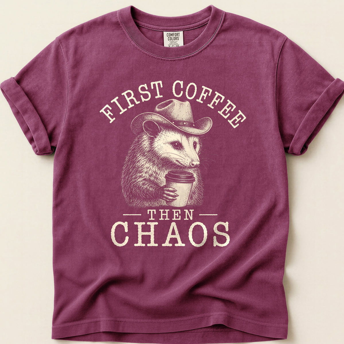 First Coffee Possum T-shirt on Berry