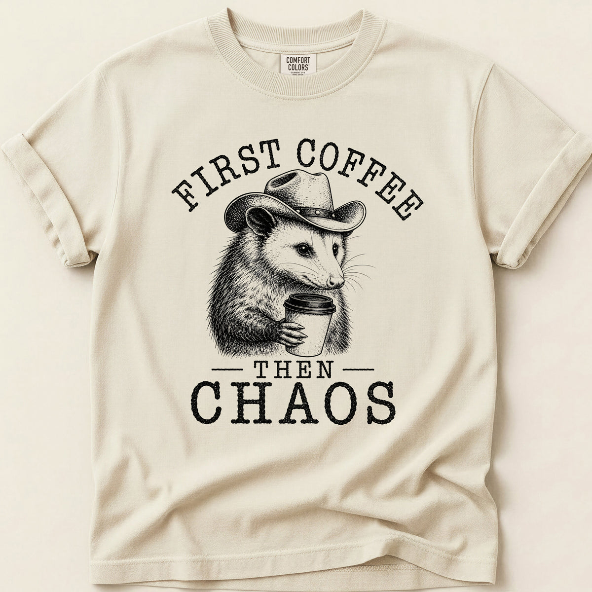 First Coffee Possum T-shirt on Ivory
