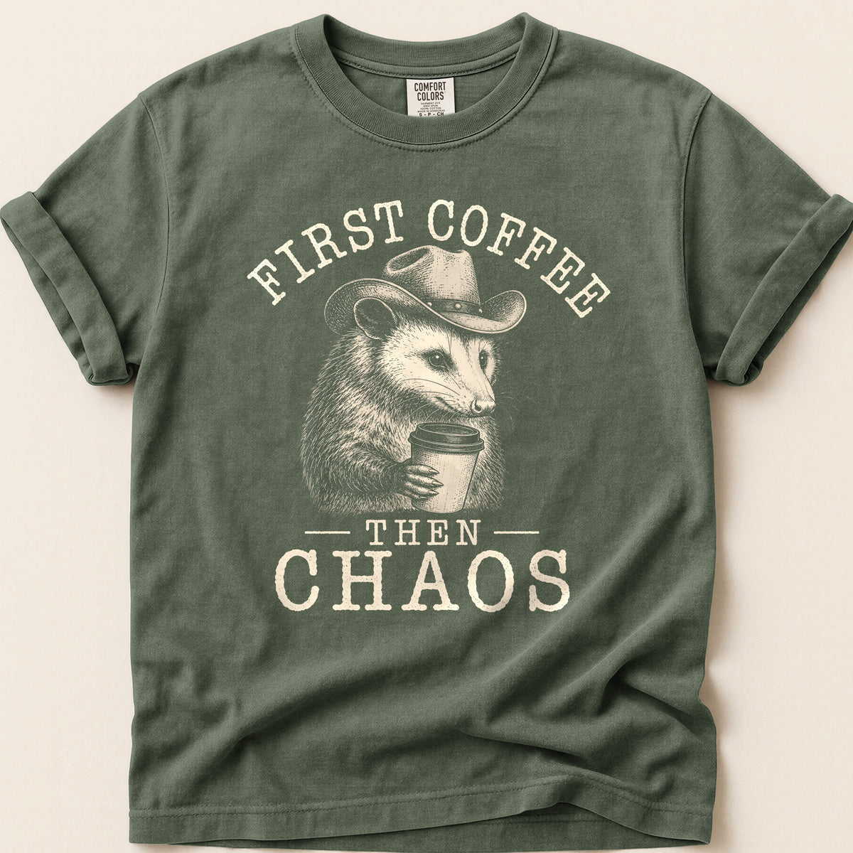 First Coffee Possum T-shirt on Moss