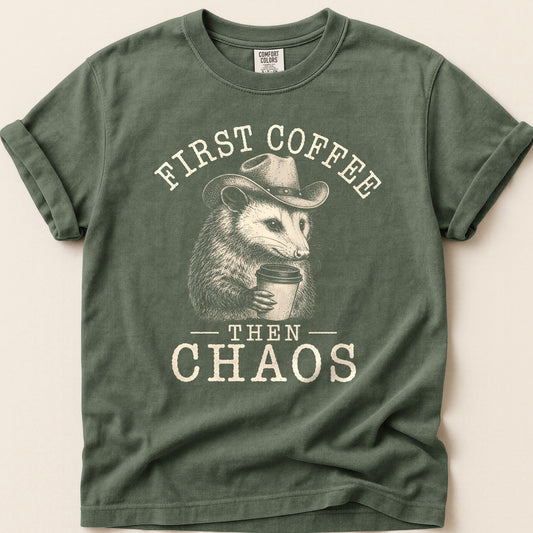 First Coffee Possum T-shirt on Moss