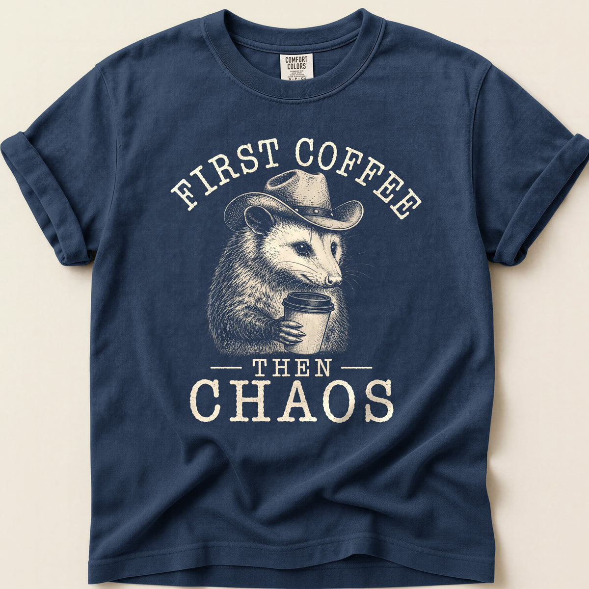 First Coffee Possum T-shirt on Navy