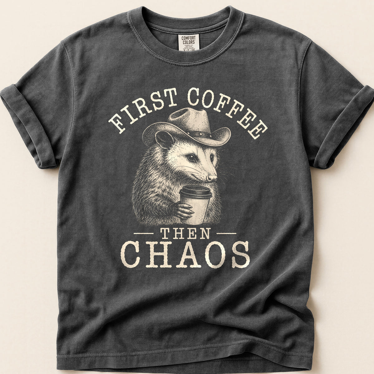First Coffee Possum T-shirt on Pepper