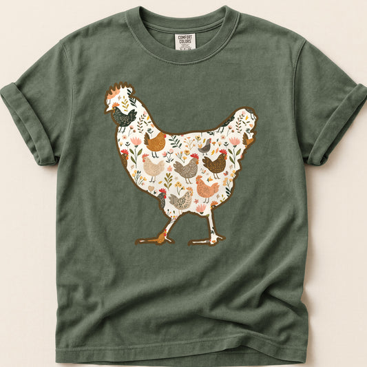 Floral Chicken T-shirt on Moss