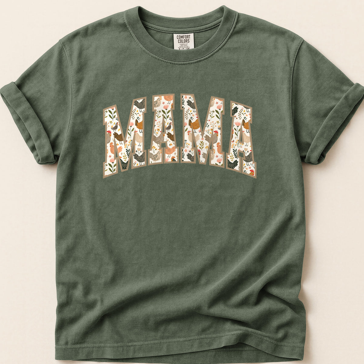 Floral Chickens Mama T-shirt on Moss