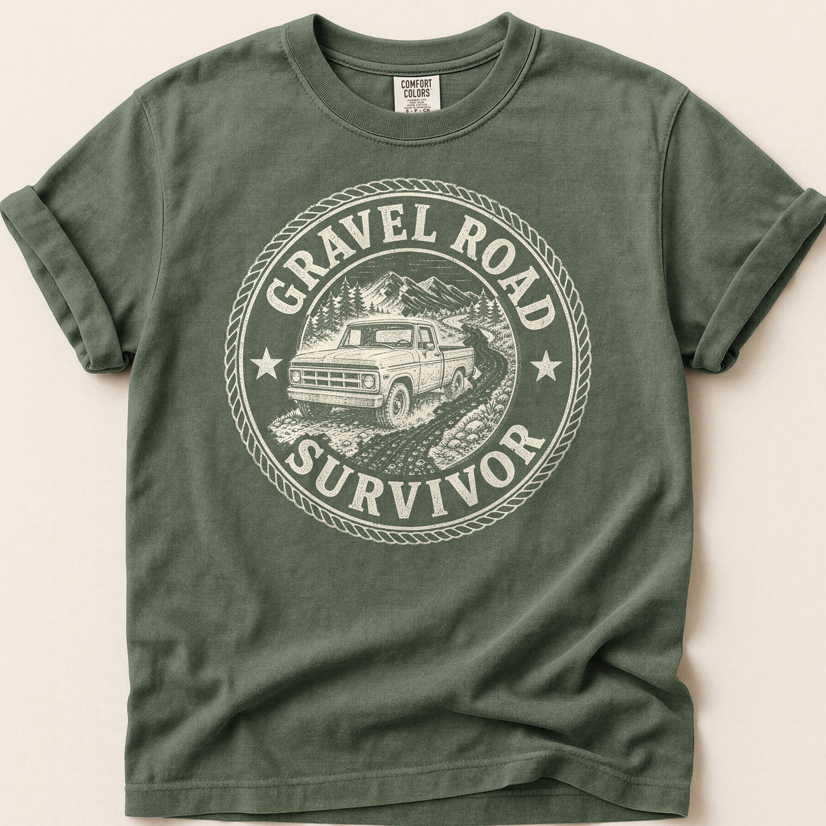Gravel Road Survivor T-shirt on Moss