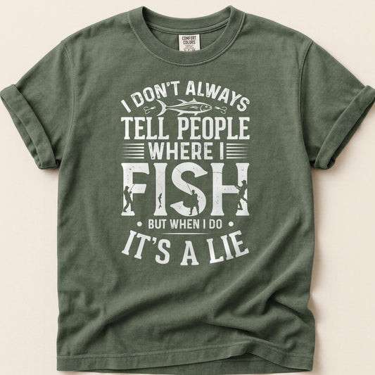 I Don't Always Tell People Where I Fish, When I Do It's a Lie T-shirt on Moss