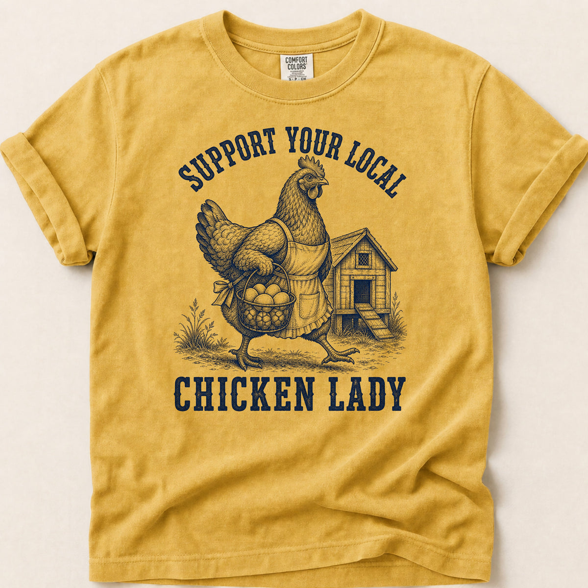 Local Chicken Lady T-shirt on Mustard