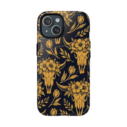 Navy Gold Floral Skulls Magnetic Case