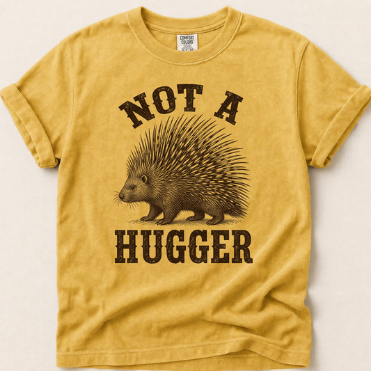 Not A Hugger Porcupine T-shirt on Mustard