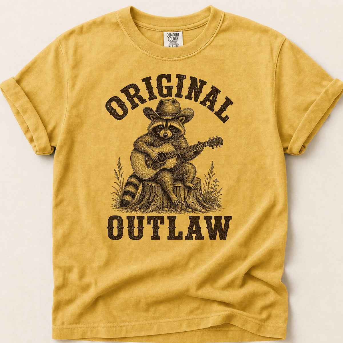 Original Outlaw Raccoon T-shirt on Mustard