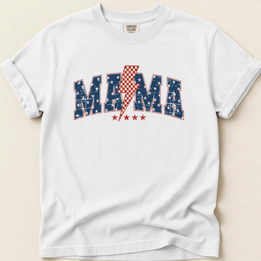 Patriotic Retro Bolt Mama T-shirt on White