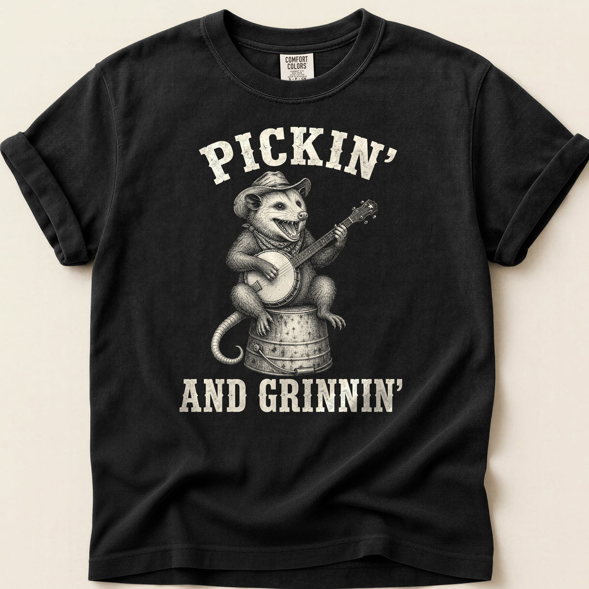 Pickin And Grinnin Possum T-shirt on Black