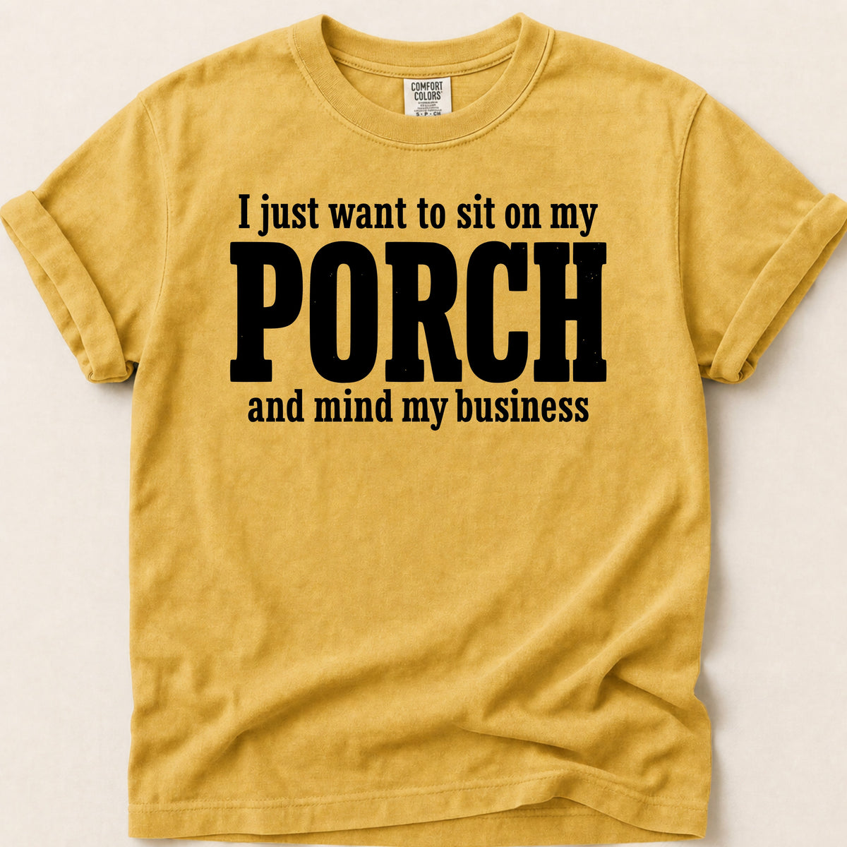 Porch Business T-shirt on Mustard