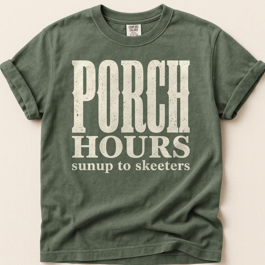 Porch Hours Skeeters T-shirt on Moss