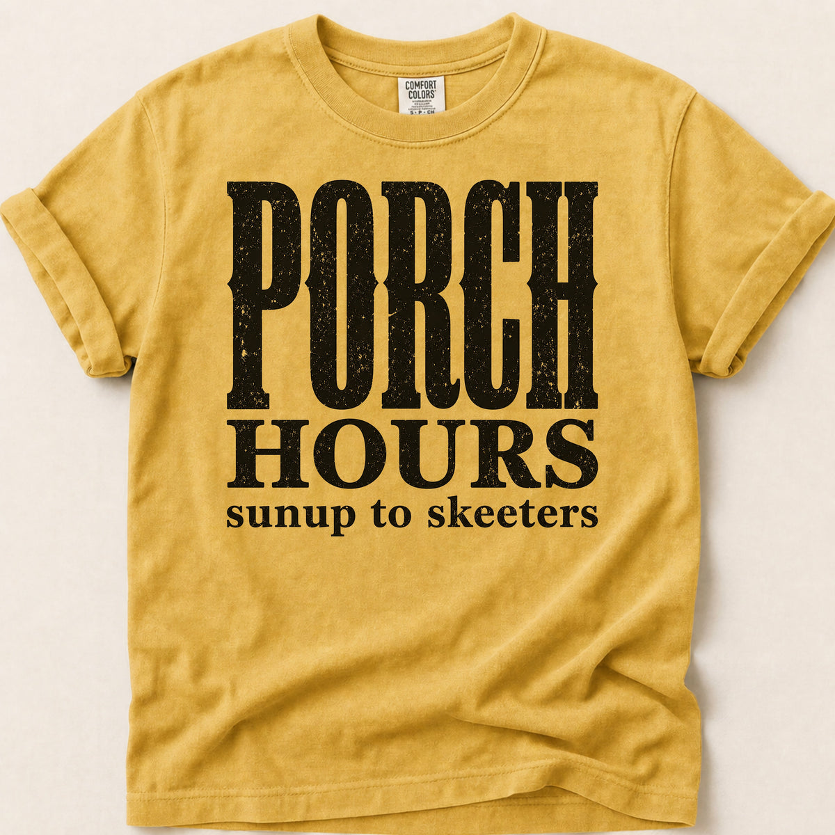 Porch Hours Skeeters T-shirt on Mustard