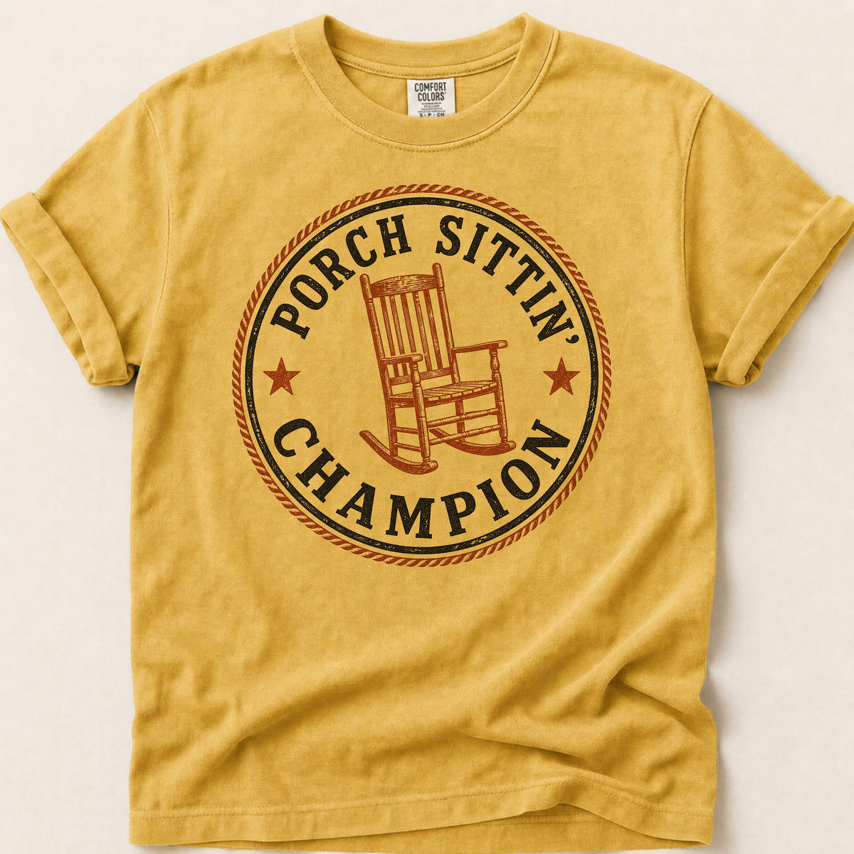Porch Sittin Champion T-shirt on Mustard