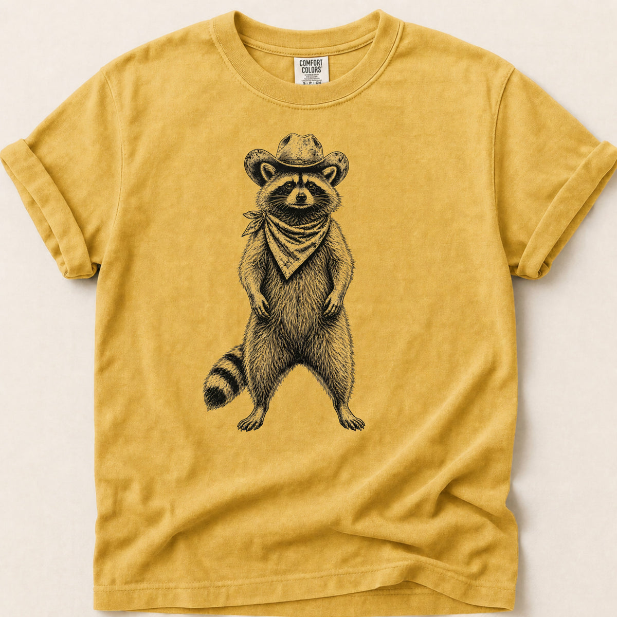 Raccoon Portrait T-shirt on Mustard