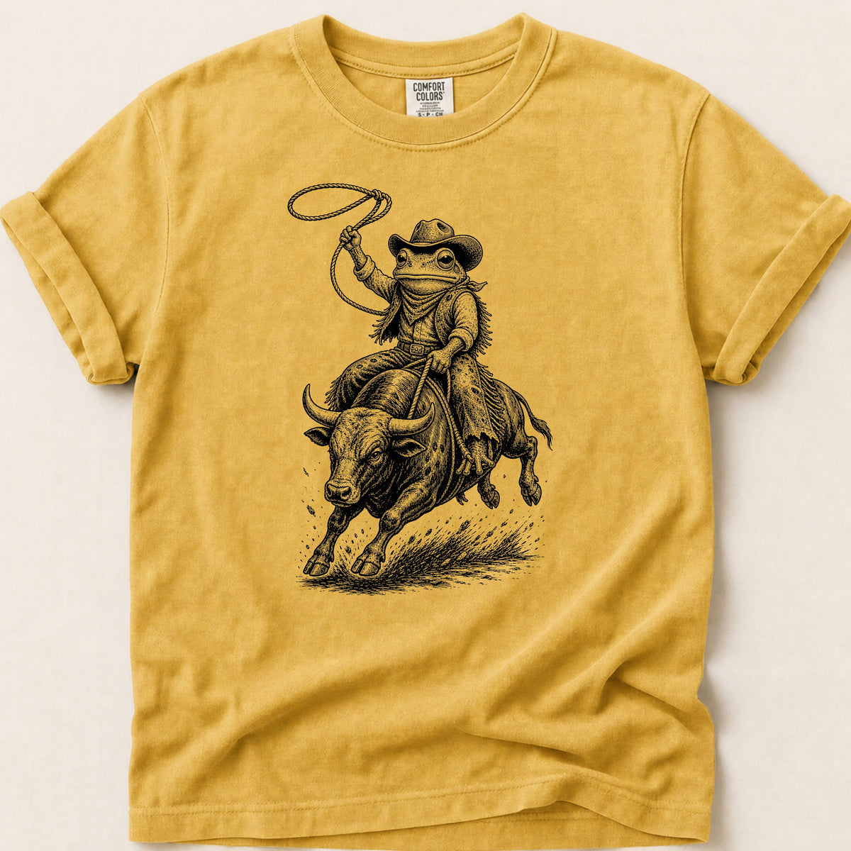 Rodeo Frog T-shirt on Mustard