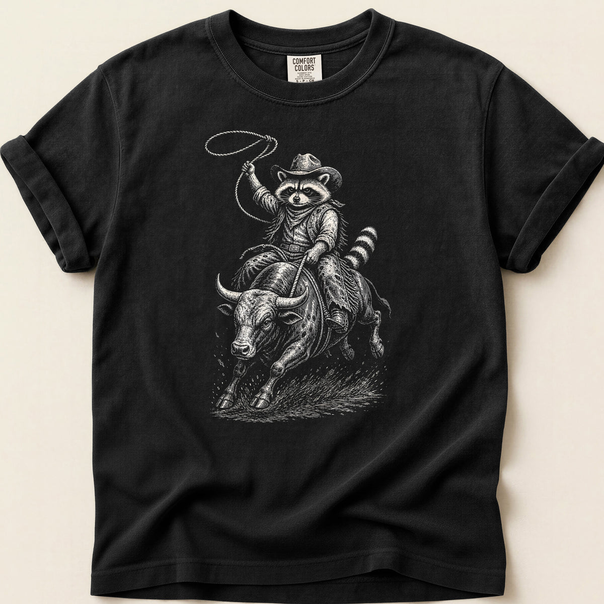 Rodeo Raccoon T-shirt on Black