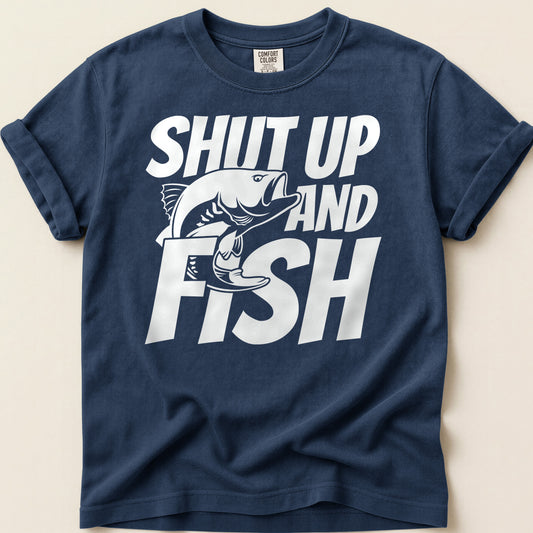 Shut Up and Fish T-shirt on Navy