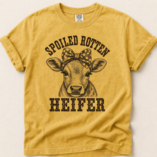 Spoiled Rotten Heifer T-shirt on Mustard
