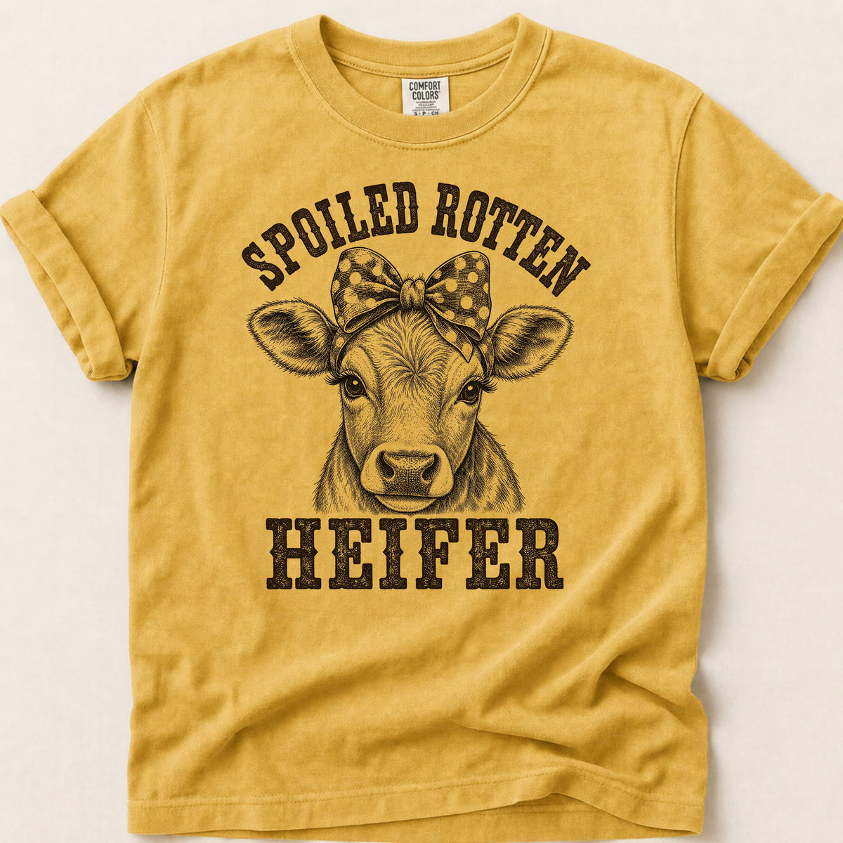 Spoiled Rotten Heifer T-shirt on Mustard