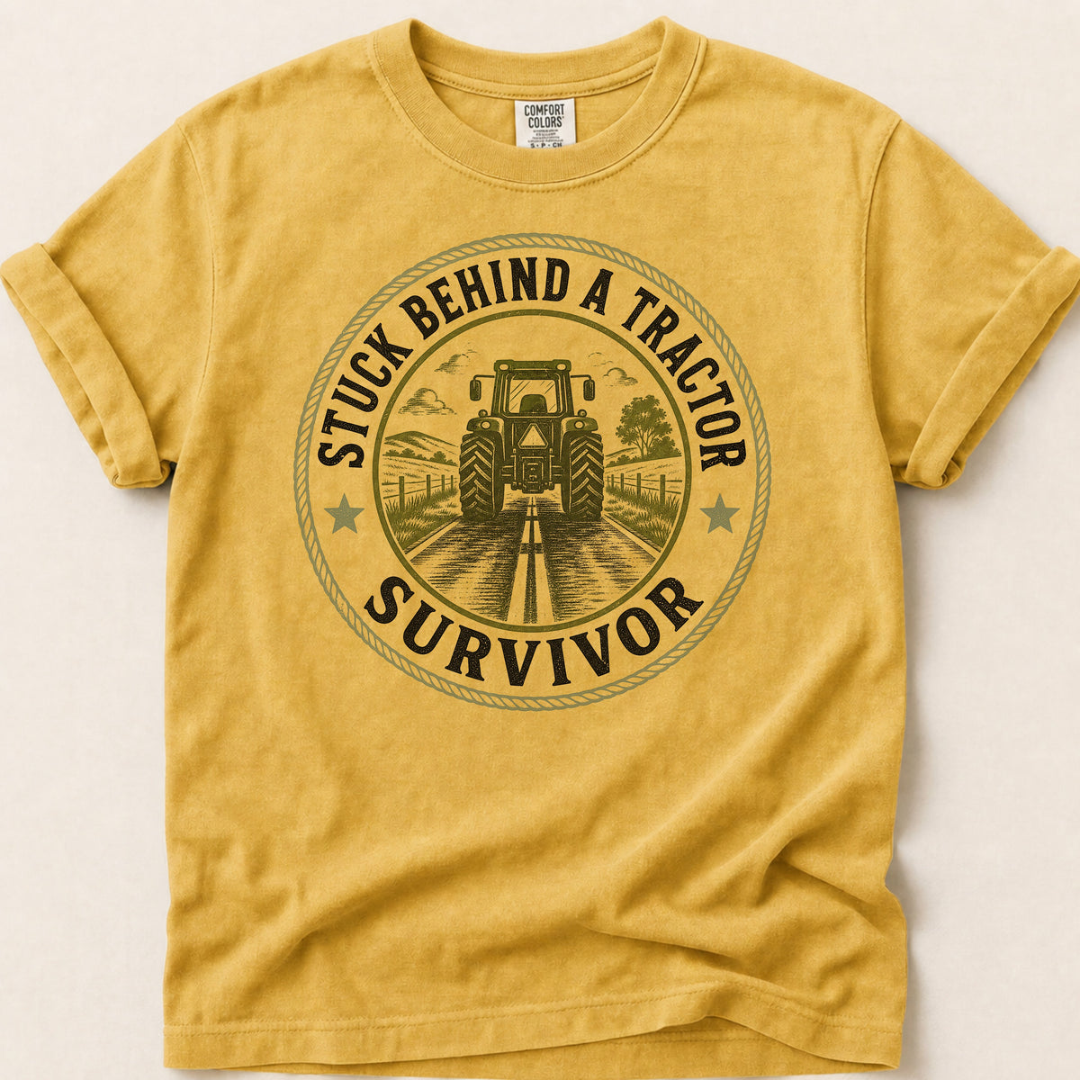 Stuck Behind A Tractor T-shirt on Mustard