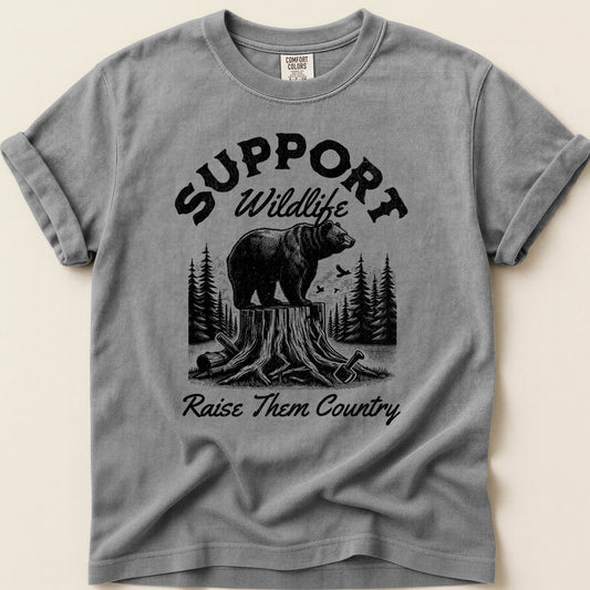 Support Wildlife Raise Them Country Bear T-shirt on Grey