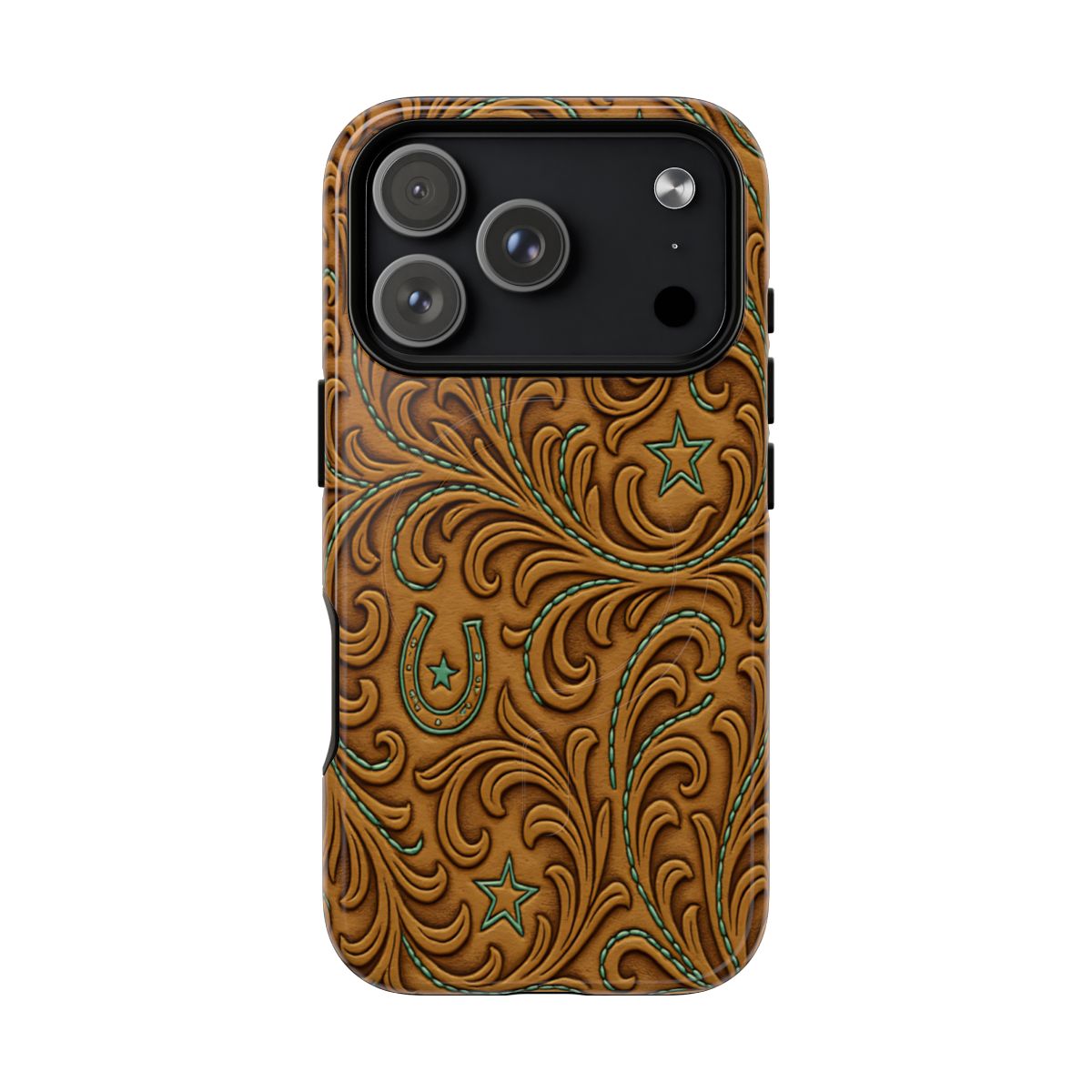 Tan Boot Stitch Horseshoe Scrolls Magnetic Case