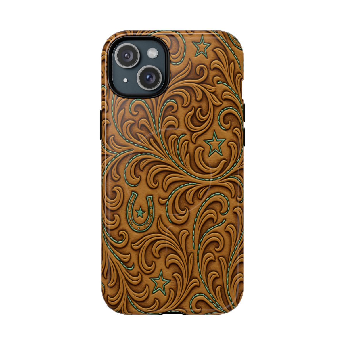 Tan Boot Stitch Horseshoe Scrolls Magnetic Case