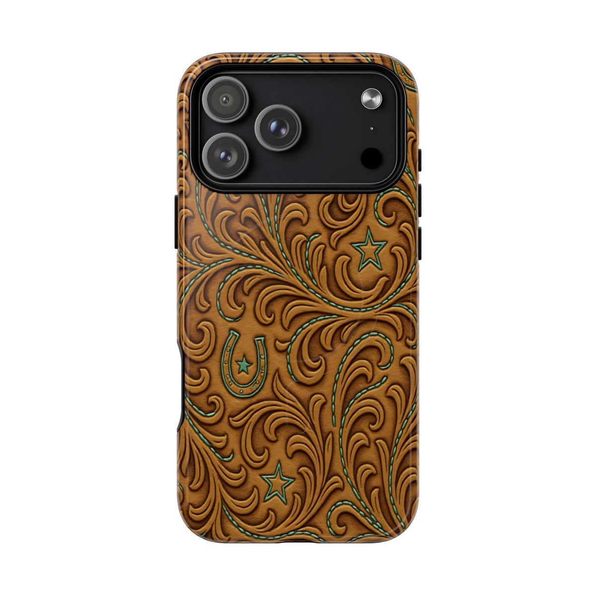 Tan Boot Stitch Horseshoe Scrolls Magnetic Case