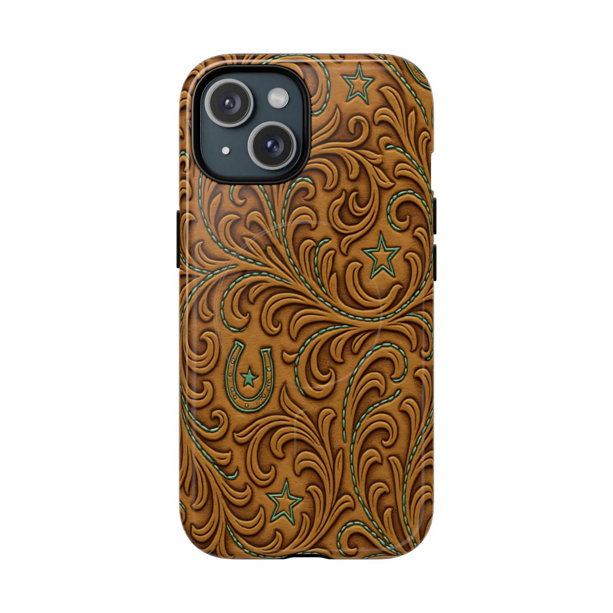Tan Boot Stitch Horseshoe Scrolls Magnetic Case