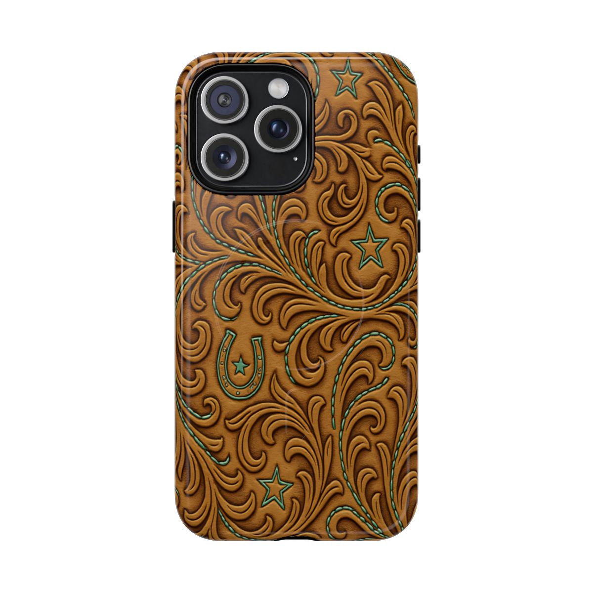 Tan Boot Stitch Horseshoe Scrolls Magnetic Case