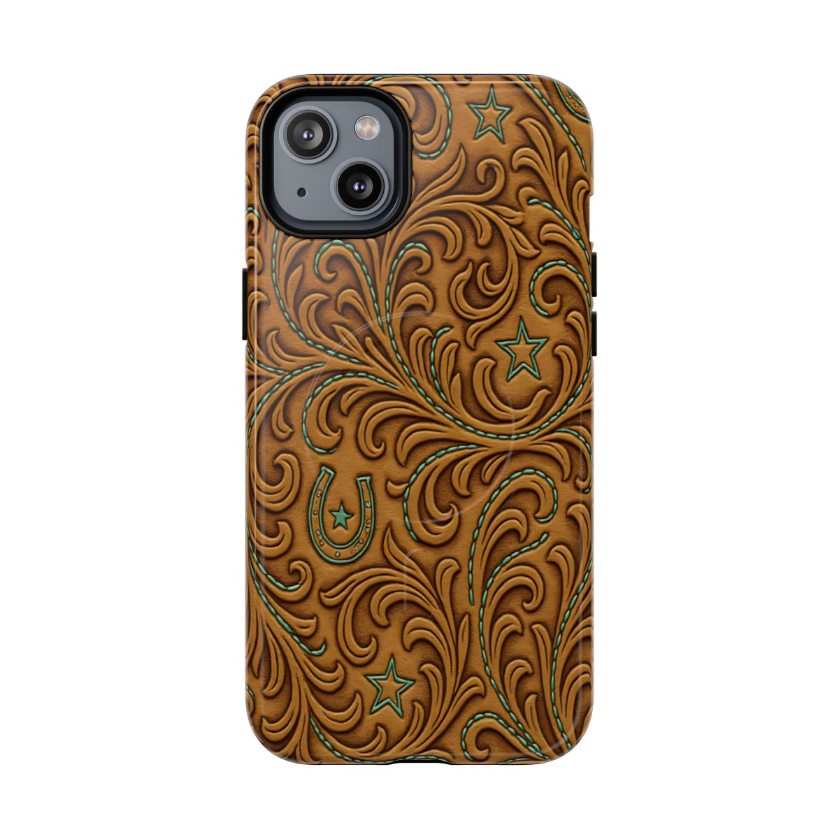 Tan Boot Stitch Horseshoe Scrolls Magnetic Case