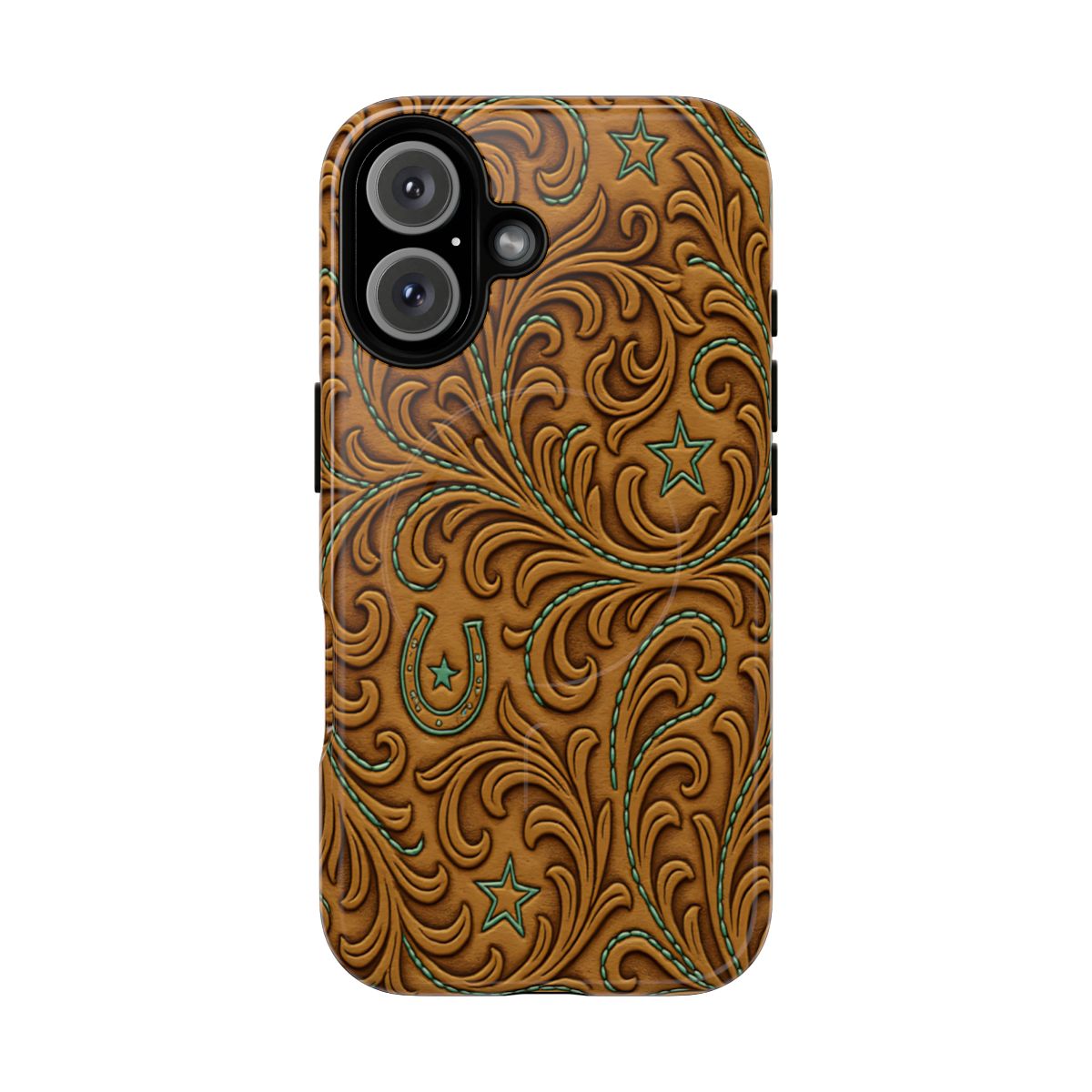 Tan Boot Stitch Horseshoe Scrolls Magnetic Case