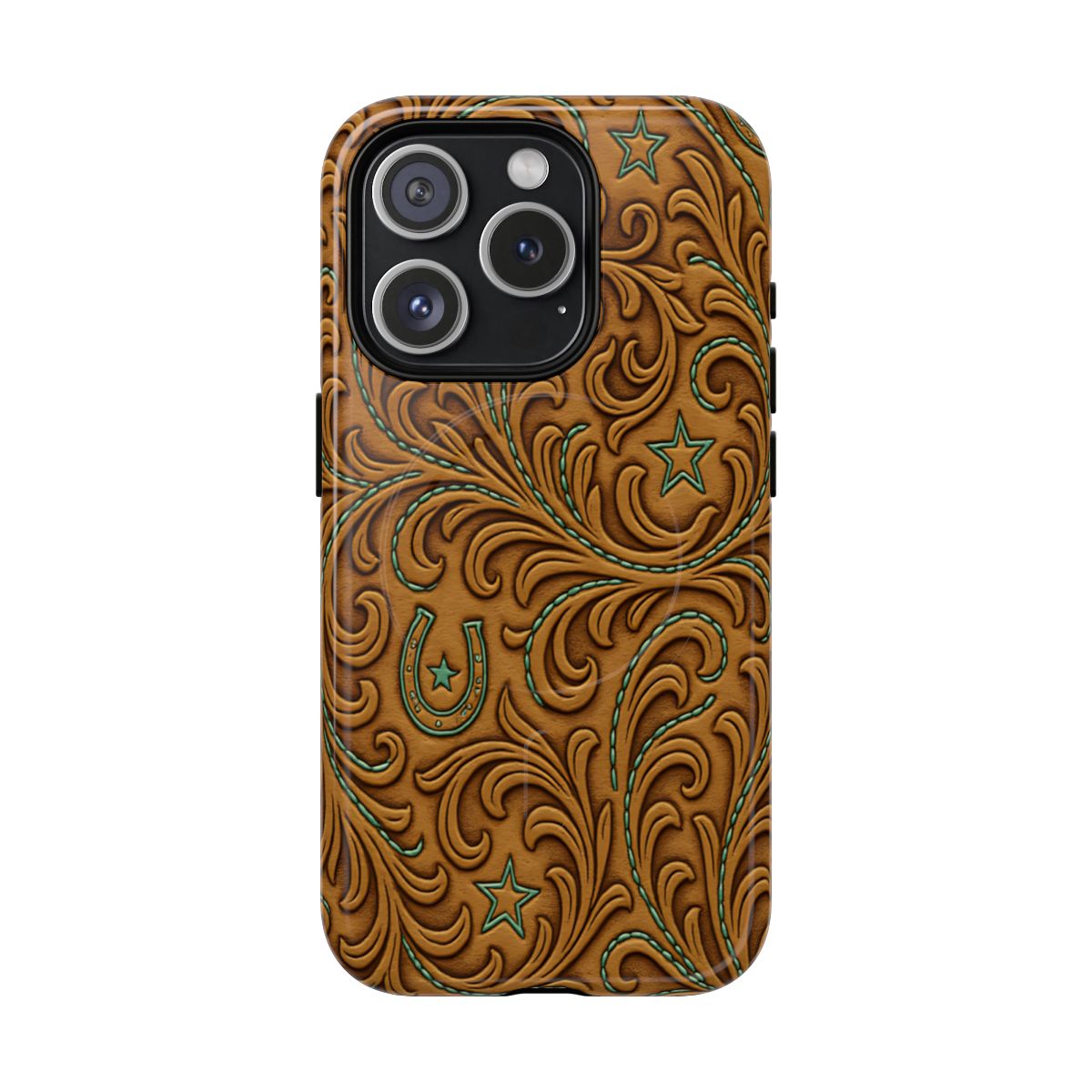 Tan Boot Stitch Horseshoe Scrolls Magnetic Case