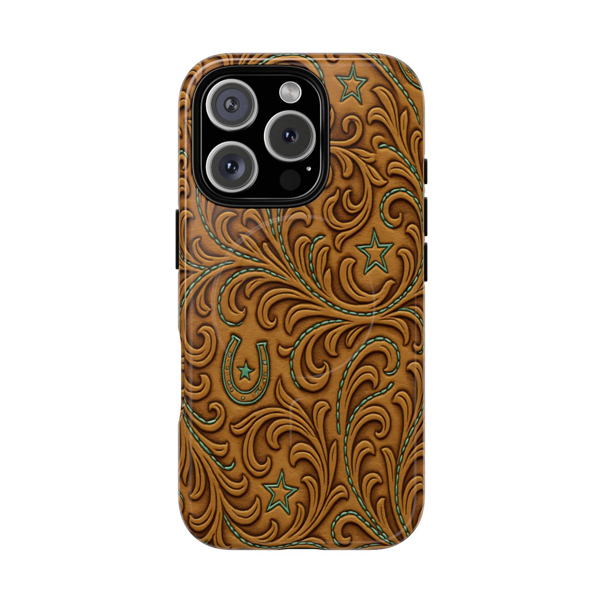 Tan Boot Stitch Horseshoe Scrolls Magnetic Case